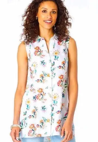 J.Jill  White Multicolor Floral Paisley Linen Collared Sleeveless Button Up Tank