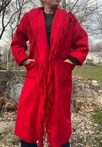 Vintage 80s Basile Red Wool Fringe Trench Coat Western Beyoncé Cowgirl Size M