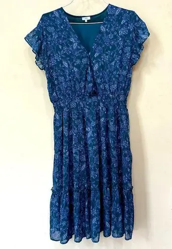 Beautiful feminine dress by Voy, pretty mallard blue floral print size8 Size L