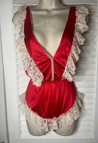 Vtg. Shirley of Hollywood Lace Trim Teddy Lingerie Red Satin Plunge V Neck S