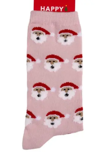 Happy Christmas Santas on Pink Crew Socks