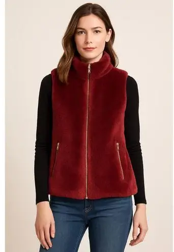 J.Crew Fuzzy Burgundy Zip Front Vest Women’s Small – Faux Fur Sherpa Layer Red