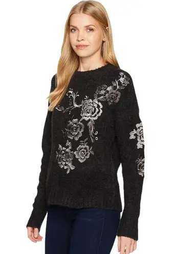 BLANK NYC  Dark Gray Floral embroidered Fuzzy Vapor Sweater size Medium