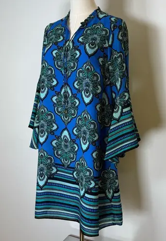 Kaari Blue Paisley Dress Bell Sleeves Blue And Green V-Neck Women’s Size Small