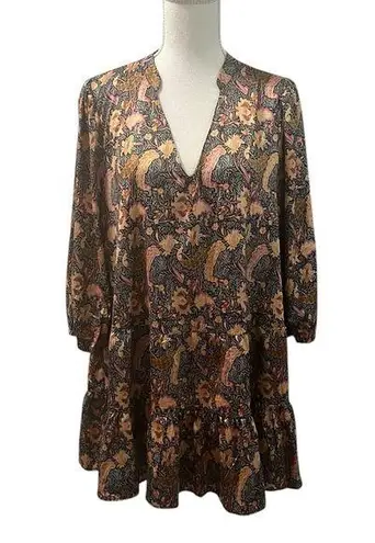 MELLODAY V Neck Tunic Top Mini Dress Floral Tiered Long Sleeve Pullover L