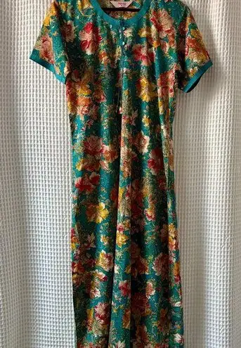 Hana silky teal floral print maxidress/house dress/swim coverup women's medium Green