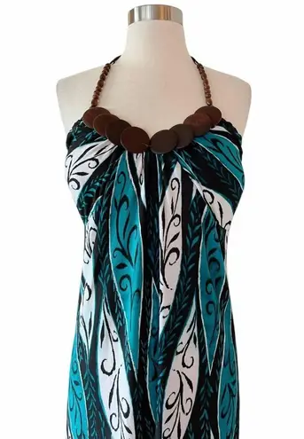 Heart soul Halter Maxi Dress Paisley Green Brown Wood Beads Neck Large EUC