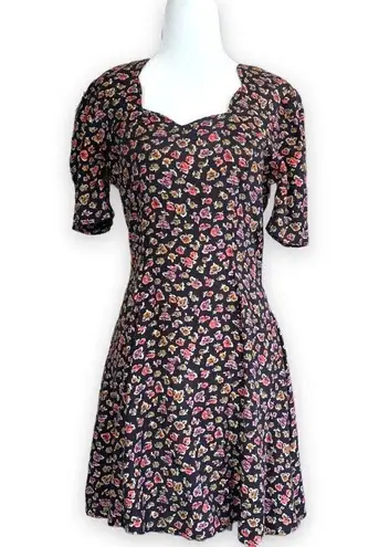 Vintage Rampage Dress Black Dark Floral Detail Sweetheart Neck Puff Sleeve Mini Size XS