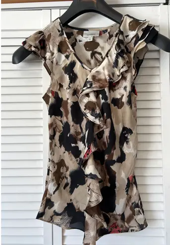 Dressbarn Women's Sleeveless Ruffle Top Abstract Print Size S Shell Tan