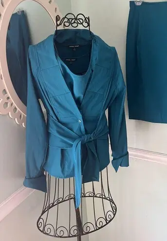 SAMUEL DONG S Teal 3 Piece Belted Blazer Suit Skirt Small