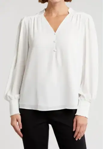 Calvin Klein  Women’s Smocked Half Button-Up Long Sleeve Blouse Size Small NWT thumbnail 1