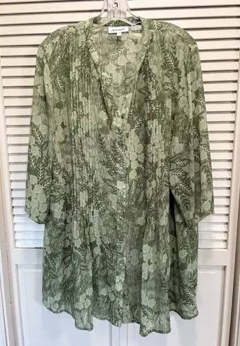 Seregenti Floral Chiffon Sheer 3/4 Sleeve Blouse Size 1X Slit Neck Pleats Button Green