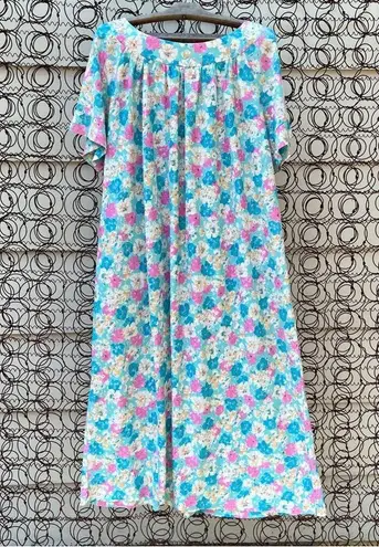 Vint. 60s Status 2 California pink blue floral silver metallic house dress mumu Size L