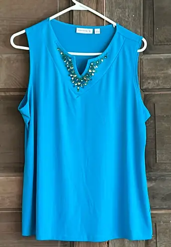 Susan Graver blue sleeveless liquid knit v-neck tank Size Large embellished