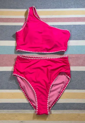 NWOT, Hot Pink One Shoulder Embroidered Bikini, Size Small