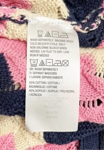Laurie Felt Pointelle Knit Maxi Cardigan Duster Sweater Navy Pink Tan Size XXS