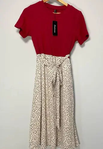 None Red Cream Leopard Print Dress Ribbed Midi Flowy Pocket Spring Church Teacher NWT