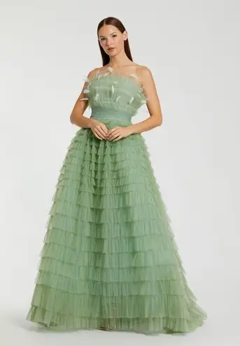 Mac Duggal 20530 Green Strapless Ruffle Gown with Feathers
