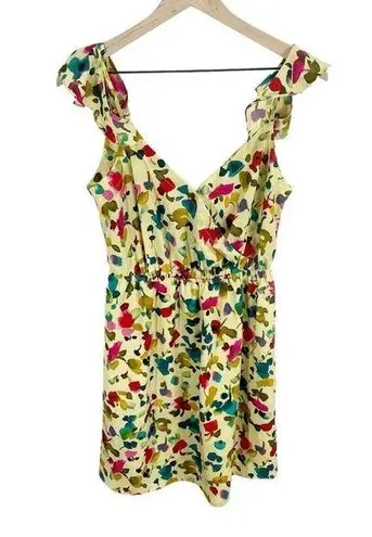 MM Couture Miss Me Tan Floral Watercolor A-line Dress S Short Flounce Sleeve