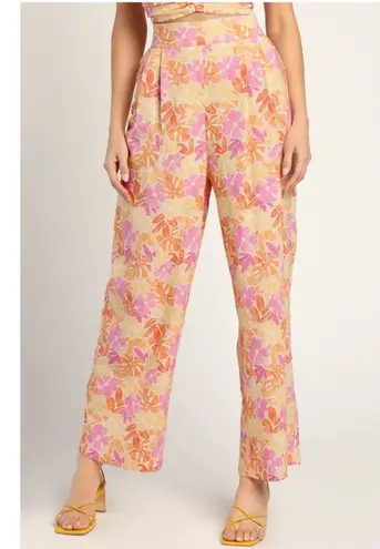 LULU'S Size M Island Imaginings Peach Floral Print Wide Leg Pleated Pants NWT Size M