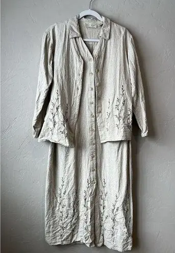 Studio Works Vintage Set Beige Dress Cardigan Lagenlook Embroidered Cottage Boho Beach Tan