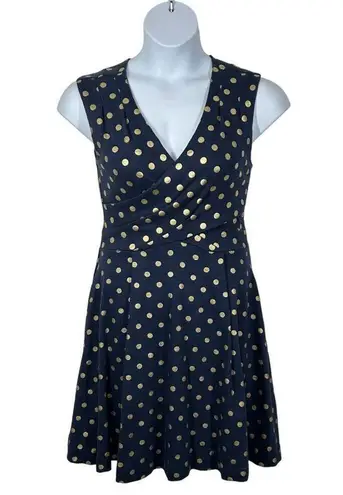 Maeve Anthropologie  Ophira Faux Wrap Fit & Flare Blue and Gold Dot Dress Small