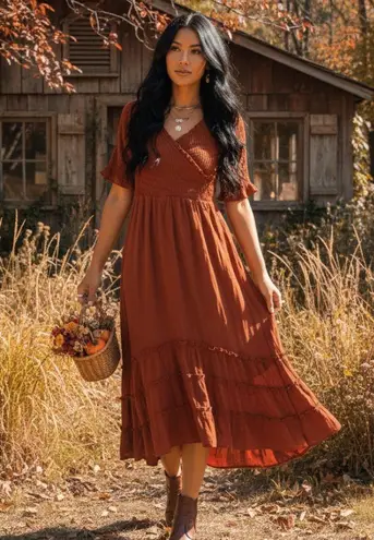 Polagram Smocked Crossover Wrap Chest Midi Dress in Brown Size Small