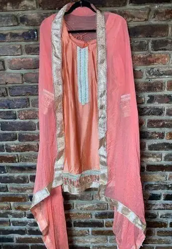 Handmade Coral Pink Gold Embellished Long Sleeve Dress w/ Wrap Scarf Size 6