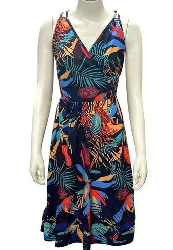 CCC Colorful Bohemian Style Spaghetti Strap Dress V Neck Tropical Leaf Print Med Blue Size undefined