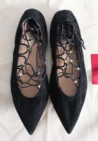 Valentino Black Suede Gold Rockstud Lace Up Ankle