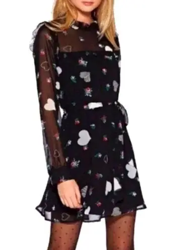 Avec Les Filles Printed Ruffled Fit & Flare Heart Sheer dress - S EUC