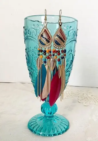 Long Bohemian Feather Chain Earrings Gold