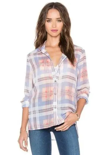 Michael Stars Blue / Orange Bikini Cove Yarn Dye Plaid Button Down Size Small