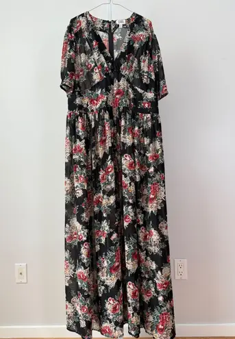 Unique Vintage Black Floral Maxi Dress Flutter Sleeve sz 3X Cottage Witchy