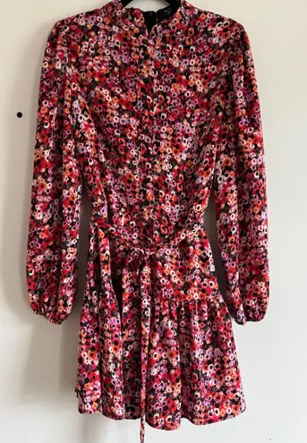 AX Paris Women’s Floral Long Sleeve Mini Dress Size 14 Red Pink Ruffle Hem