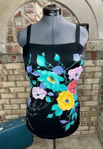 one piece swimsuit floral Vintage 1980s modesty panel Green Size 18