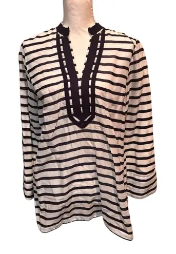 Saint Tropez West Navy White Stripe Cotton Tunic Top Split Neck Long Sleeve M Size M