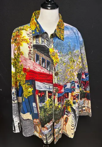 Vintage button up art painting Paris shirt Christopher Banks long sleeve size XL Blue