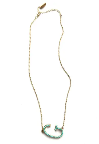 Plunder Jewelry “G” Initial Aqua and Gold Plated Vintage Necklace