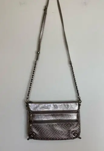 Elliot Lucca Messina silver metallic pewter leather 3 zip crossbody bag purse