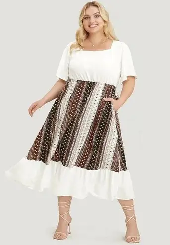 Bloomchic Bandana Patchwork Square Neck Pocket Ruffles Hem Dress lvory 22-24