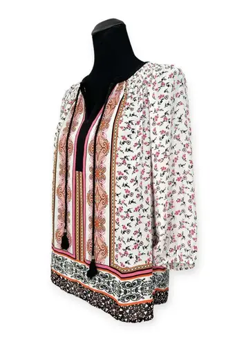 Daniel Rainn DR2 | Small | Floral Damask Print Tassel Tie V-Neck Peasant Blouse