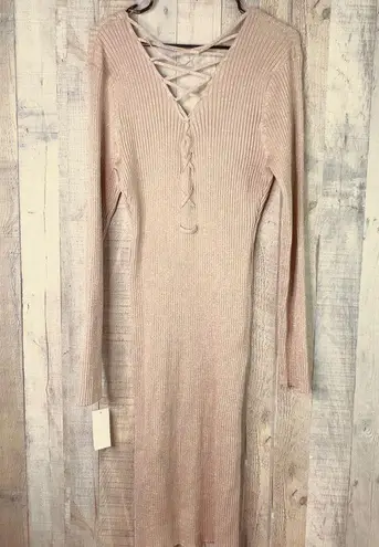 Planet Gold Plus 2x Metallic Gold/Tan Deep V-Neck Long Sleeve Sweater Dress