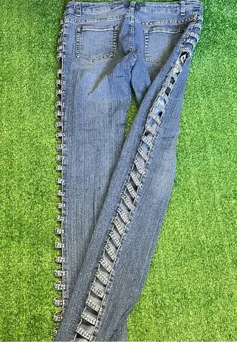 Y2K Brittany Rhinestone Cut Out Low Rise Light Wash Distressed Slim Jeans Size undefined
