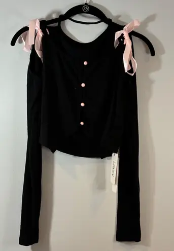 NWT Dazy Cold Shoulder Top Long Sleeve Pink Bows Black Blouse Casual Y2K Size M Size M