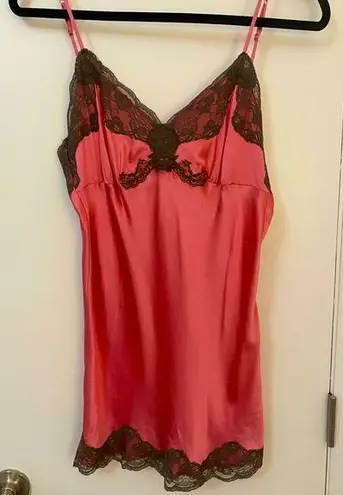 GOLD HAWK, 100% SILK NIGHTY, Coral silk w/ brown lace trim, Small