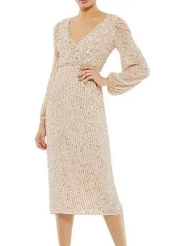 Mac Duggal Long Sleeve Sequin Midi Cocktail Dress Nude Blush Pink Size 4
