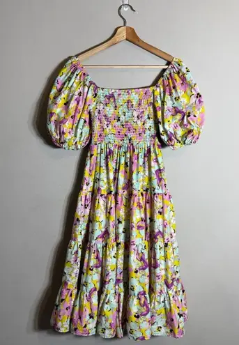 Pinch Puff Sleeve Floral Tiered Midi Dress Womens Small Smocked Boho Cottagecore Pink