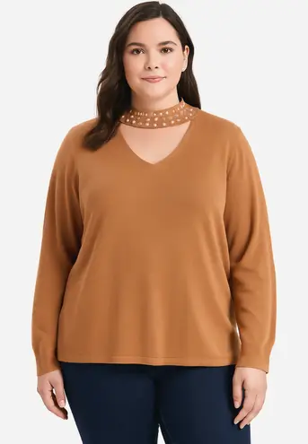 Belle Kim Gravel Faux Pearl Beaded Choker CutOut Sweater Size 3X NWOT Tan