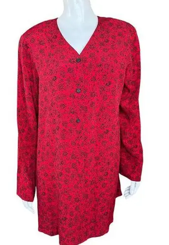 Liz Sport Vintage Red Black Floral Roses Long Sleeve Cardigan 3-Button NWT Medium